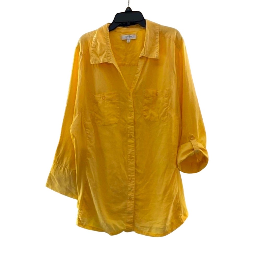 Coral Bay Button Down Shirt Womens 2X Yellow Linen Blend Roll Tab Coastal Casual